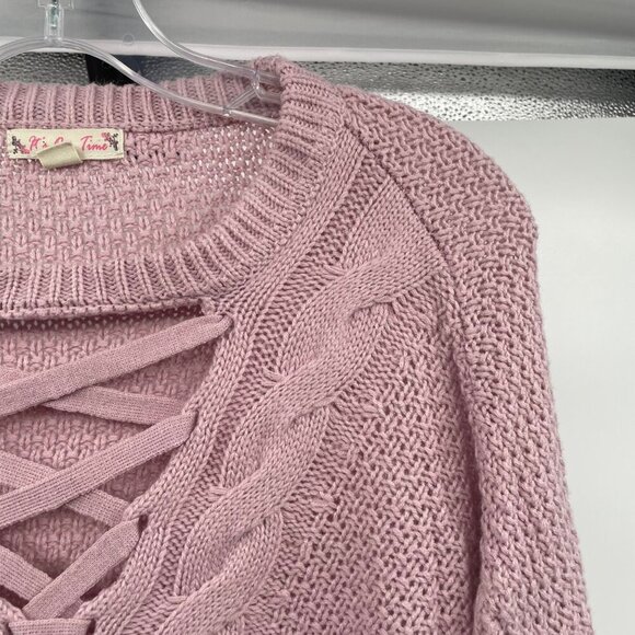 It's Our Time Cable Knit Sweater Criss Cross Neck Long Sleeve Pink Size Large - Picture 4 of 9